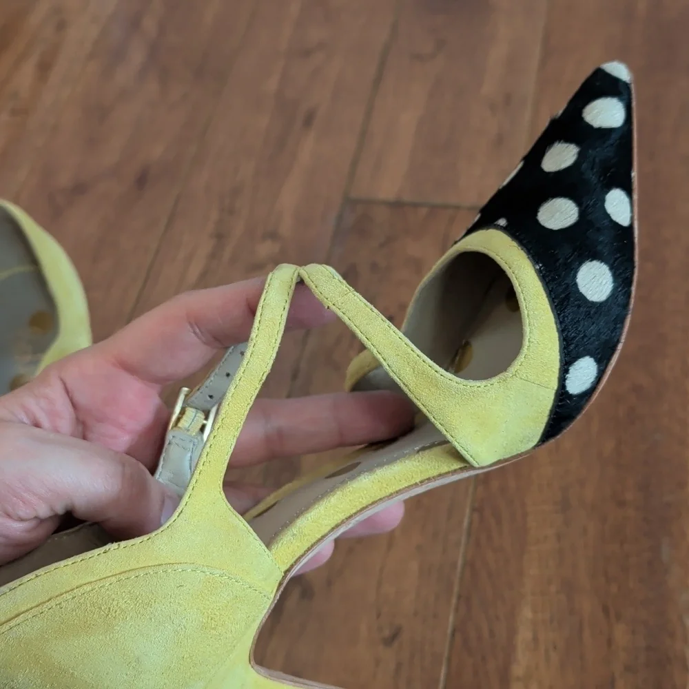 Boden Trisha Yellow and Black Polka Dot Cowhide Pointy Toe Strappy Heels - Picture 11 of 16
